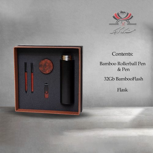 ست هدیه H-503 شامل خودکار بامبو، فلش، فلاسک و بسته‌بندی چوبی