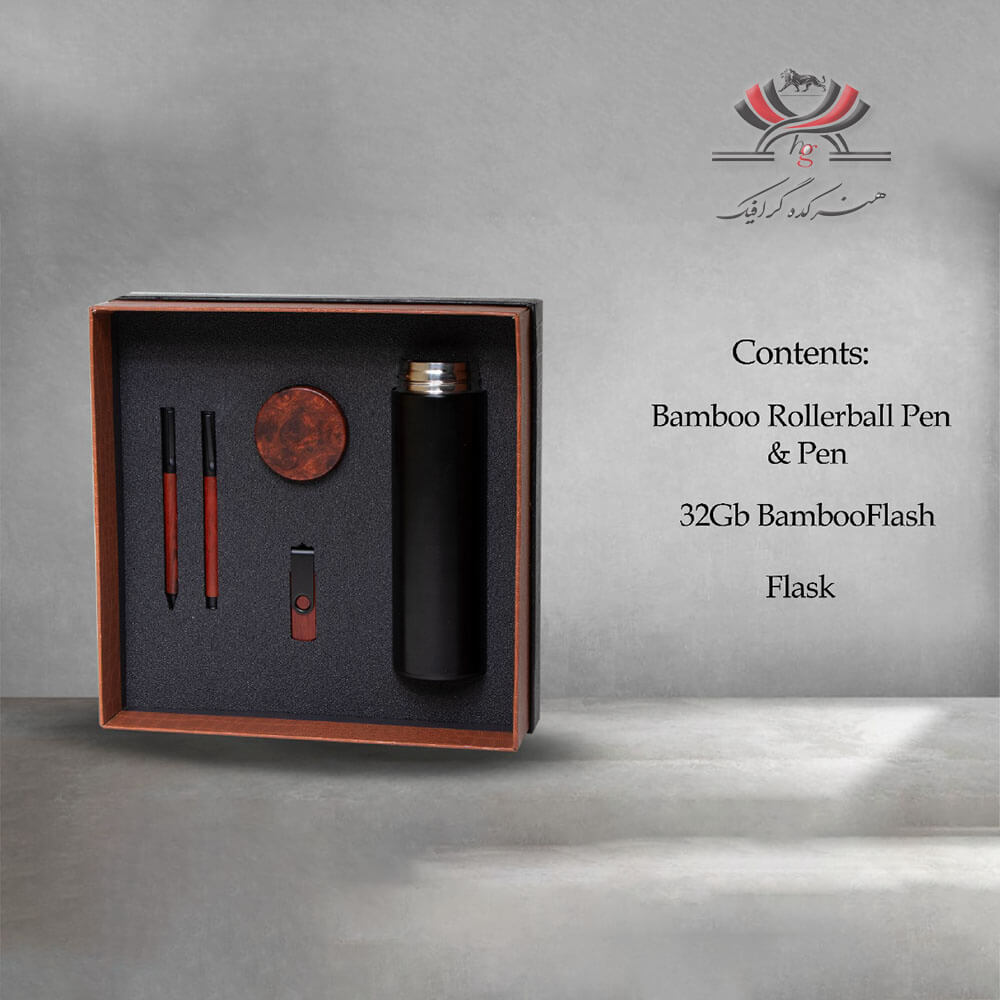 set-gift-h503 ست هدیه H-503 شامل خودکار بامبو، فلش، فلاسک و بستهبندی چوبی