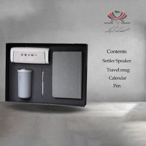 ست هدیه مدل H-507 شامل اسپیکر، ماگ، دفترچه و خودکار در بسته‌بندی فوم‌دار شیک