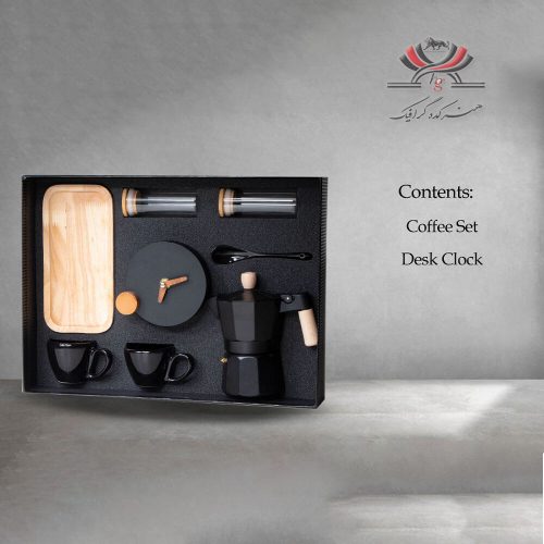 ست هدیه مدل H-509 شامل ست قهوه‌جوش، فنجان، سینی چوبی و ساعت رومیزی در بسته‌بندی فوم‌دار شیک