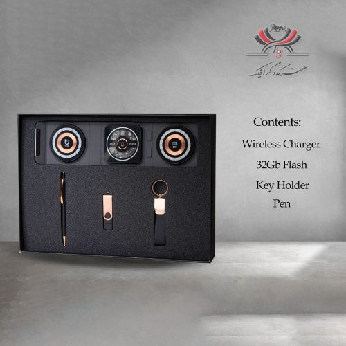 ست هدیه مدل H-511 شامل شارژر وایرلس، فلش مموری، جاکلیدی و خودکار در بسته‌بندی فوم‌دار شیک