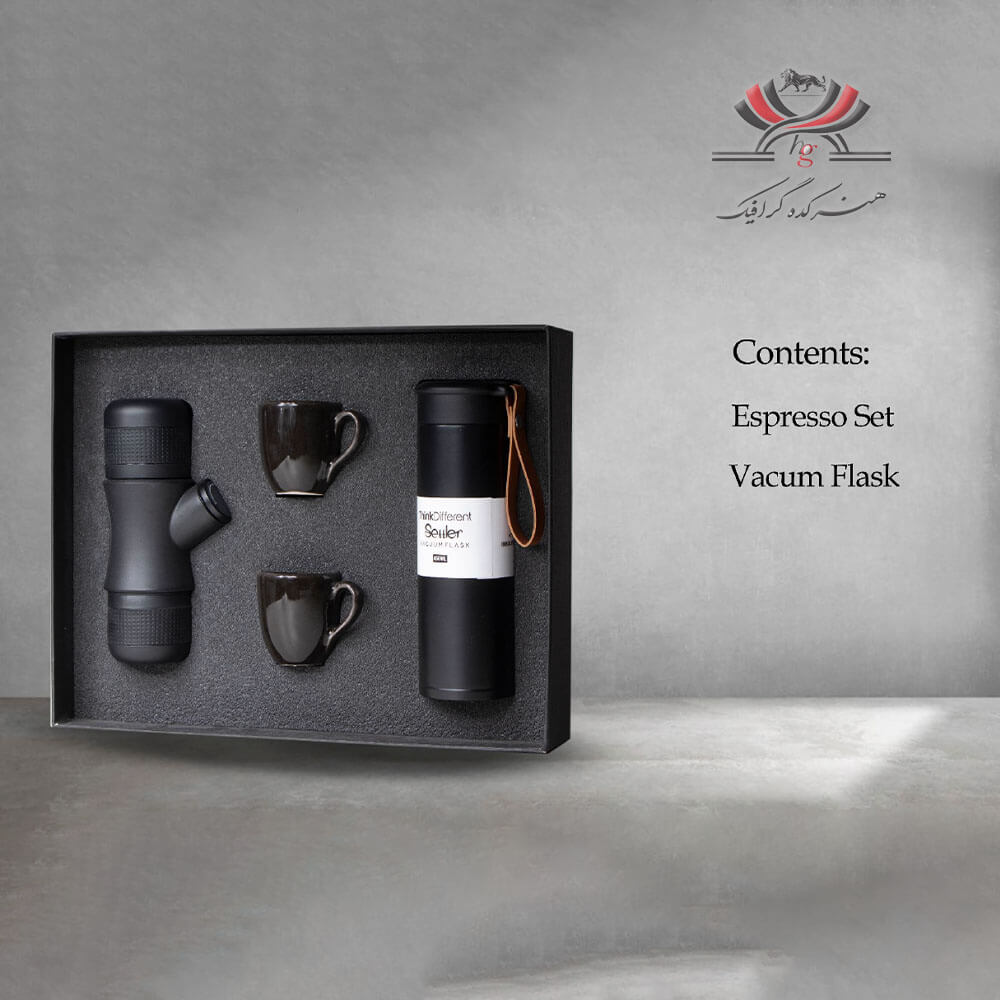 set-hadiyeh-h513 ست هدیه مدل H-513 شامل ست اسپرسو و فلاسک مشکی با بند چرمی در بستهبندی فومدار شیک
