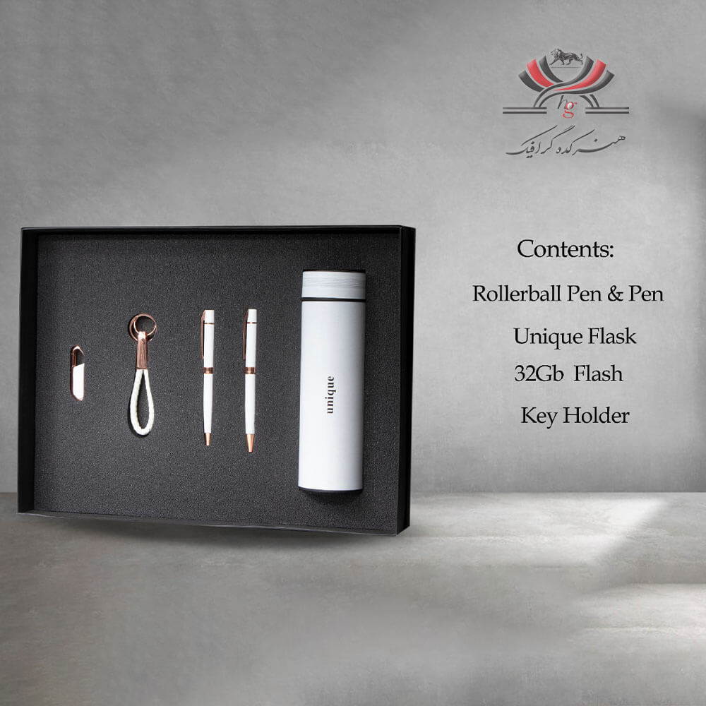 set-hadiyeh-h515 ست هدیه مدل H-515 شامل فلاسک سفید، رواننویس رزگلد، فلش مموری و جاکلیدی در بستهبندی فومدار شیک