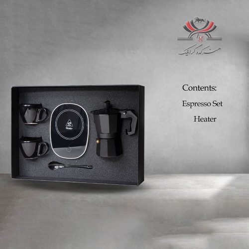 ست هدیه مدل H-519 شامل اسپرسوساز، فنجان، قاشق و هیتر برقی در بسته‌بندی فوم‌دار شیک