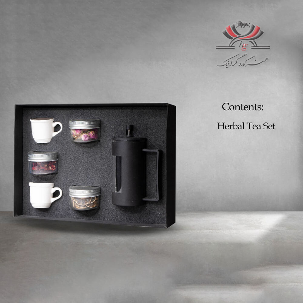 set-hadiyeh-h520 ست هدیه مدل H-520 شامل قوری فرنچپرس، فنجان سفید، گیاه خشکشده و قاشق در بستهبندی فومدار شیک